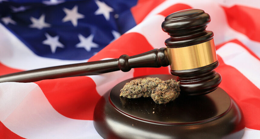 marihuana młotek sędziowski i flaga USA